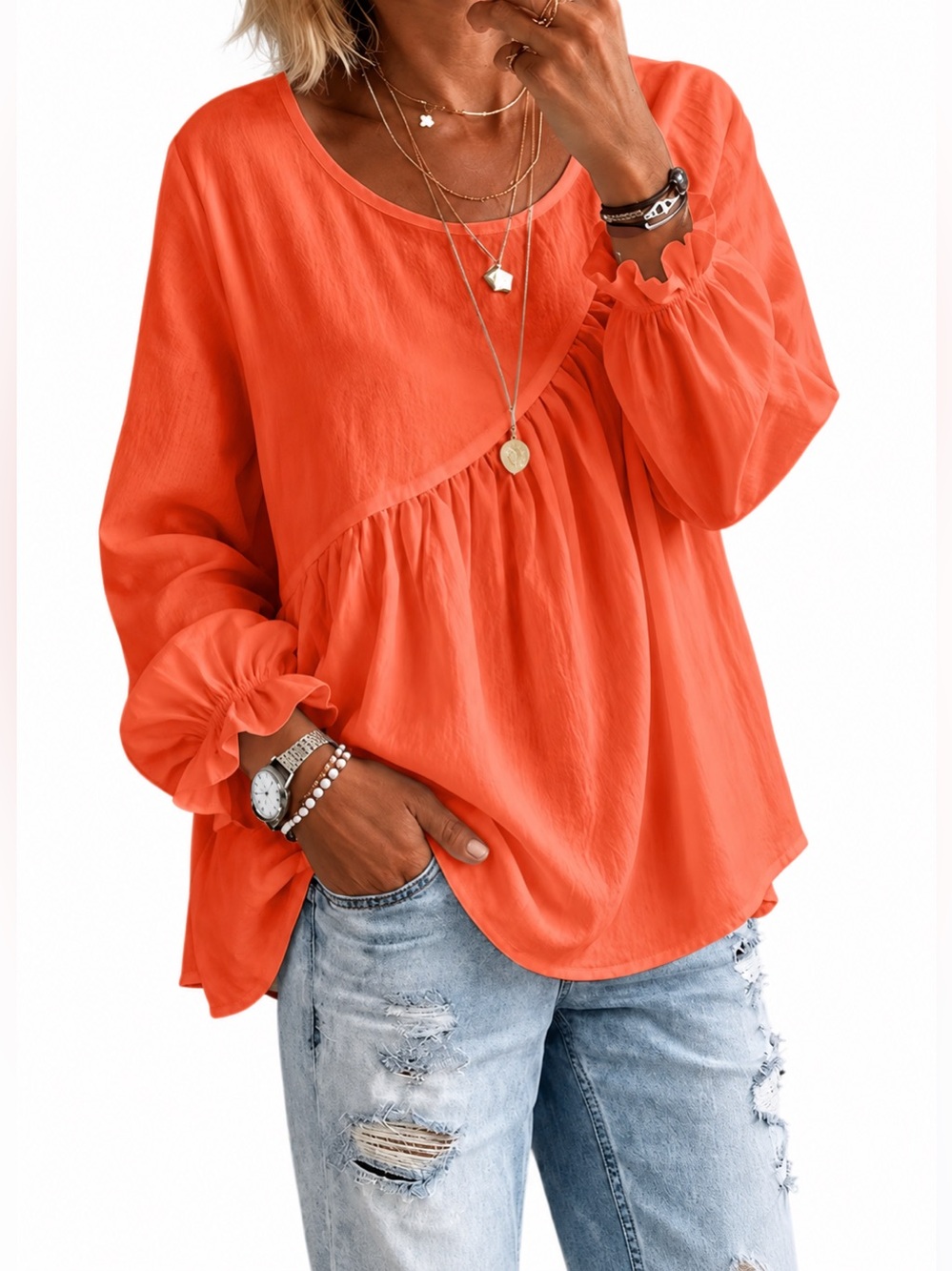 Mandarin Orange Relaxed Babydoll Ruffle Balloon Sleeve Blouse | 1XL | NWT